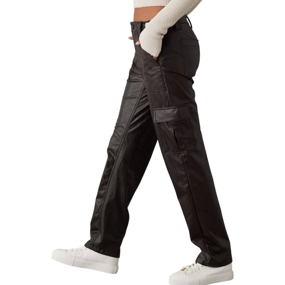 American Eagle Vegan Leather Cargo Pants Brown Straight Leg Women's 8 Long Y2K - Picture 9 of 16
